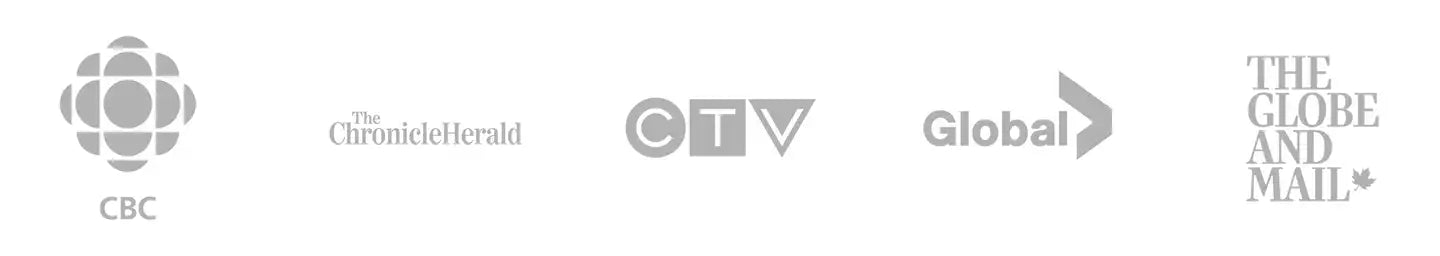 A horizontal row of five Canadian media company logos in grayscale.