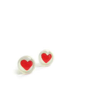 Round Red Heart On White Handpainted Glass Stud Earrings