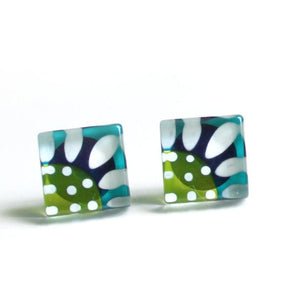 Square Green/Teal Daisy Handpainted Glass Stud Earrings