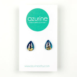 Teardrop Teal Speckle Stud Handpainted Glass Earrings