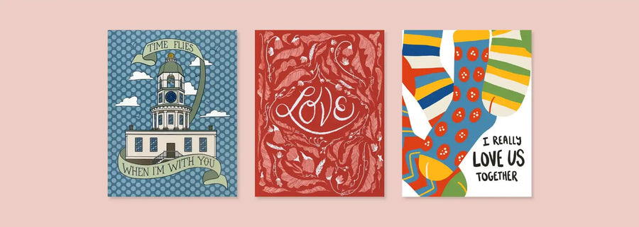 Three artistic prints displayed side by side showing a lighthouse, abstract swirls, and colorful geometric shapes.