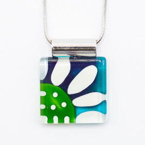 Large Square Green/Teal Daisy Handpainted Glass Pendant