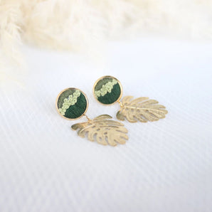 Monstera Embroidered Dangle Earrings By Aura Terra Jewels