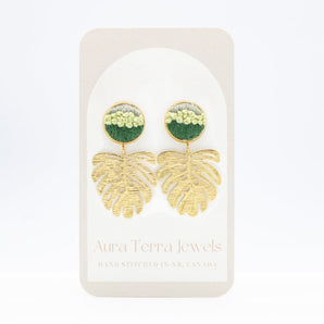 Monstera Embroidered Dangle Earrings By Aura Terra Jewels