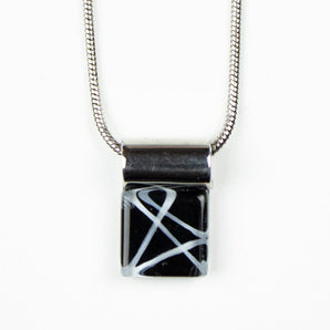 Square White Lines on Black Handpainted Glass Pendant